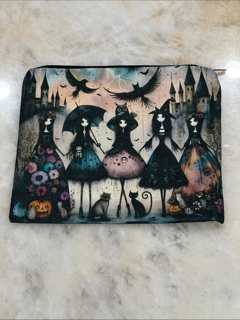 Whimsical Halloween Print Zipper Pouch - Black/Pastel